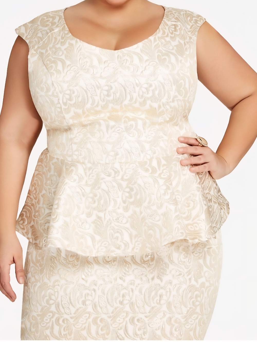 Ashley Stewart Cream and Gold Floral Jacquard Peplum Dress